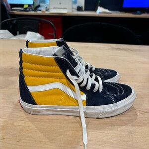 Navy blue and gold High Tops, lace up vans woman size 8